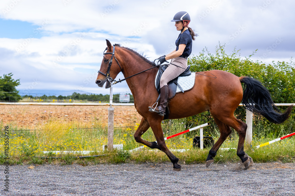 Woman riding brown horse during training session Woman riding brown horse during training session