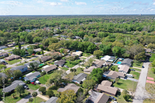 Aerial view of Ormond Beach, Florida suburban neighborhood houses and trees.	