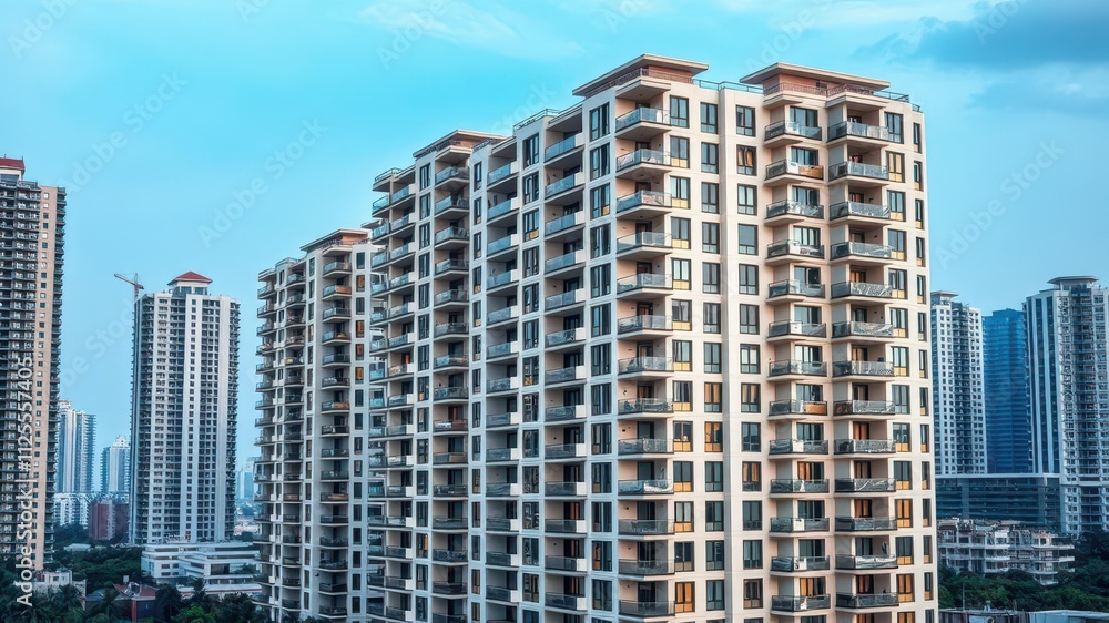 Modern module apartment block with sleek design and clean lines, featuring a mix of glass, steel, and concrete materials, architecture, facade Modern module apartment block with sleek design and clean lines, featuring a mix of glass, steel, and concrete materials, architecture, facade