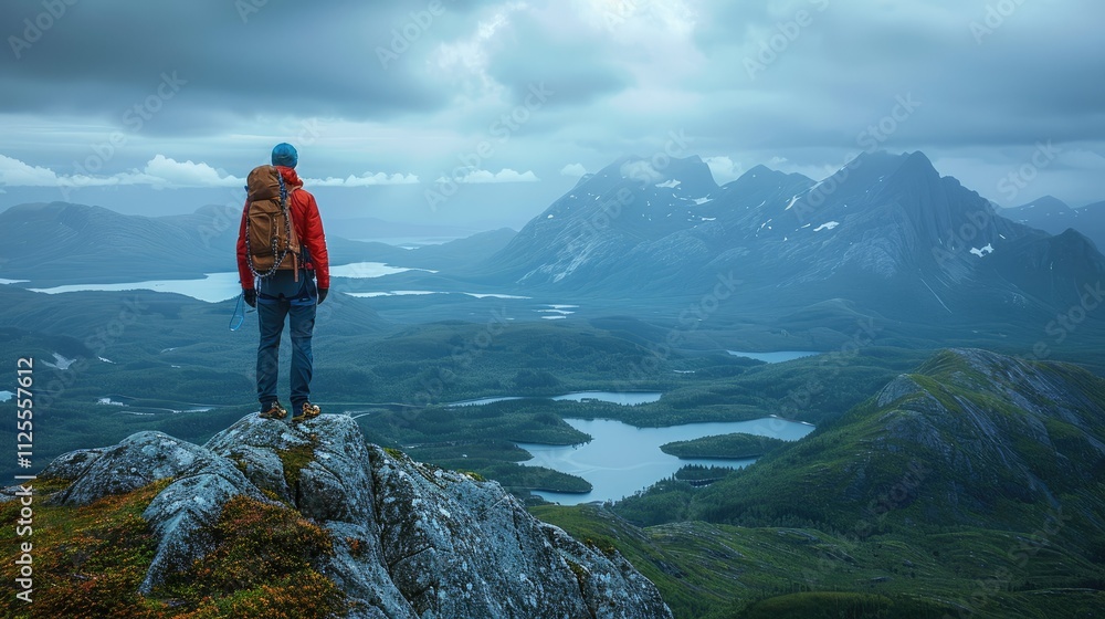 Hiker on mountaintop overlooking serene valley and majestic peaks under a dramatic sky. Hiker on mountaintop overlooking serene valley and majestic peaks under a dramatic sky.