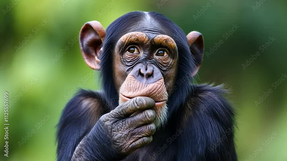 Chimpanzee poses in front of a blurred green background, bringing its hand to its mouth. The scene captures the curious and intelligent nature of this fascinating primate Chimpanzee poses in front of a blurred green background, bringing its hand to its mouth. The scene captures the curious and intelligent nature of this fascinating primate