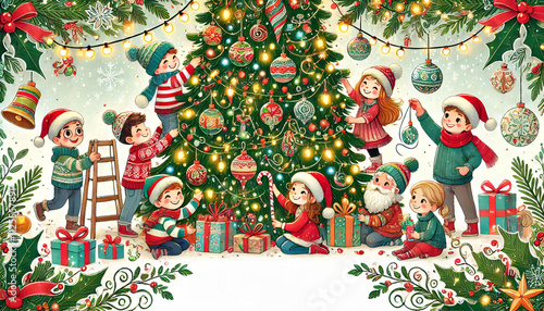 Illustration of a festive Christmas tree as the centerpiece, being decorated with ornaments and garlands 