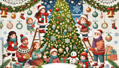 Illustration of a festive Christmas tree as the centerpiece, being decorated with ornaments and garlands 