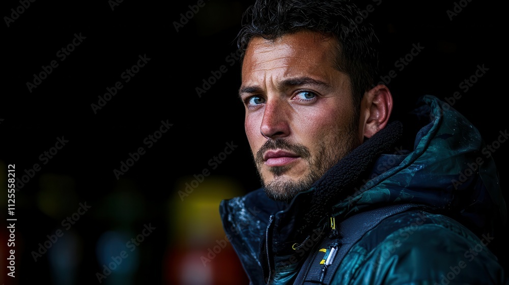 A man with a beard and a black jacket is standing in front of a wall. He looks tired and is wearing a hoodie A man with a beard and a black jacket is standing in front of a wall. He looks tired and is wearing a hoodie