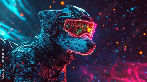 Cyberpunk dog wearing futuristic helmet and goggles explores vibrant cityscape