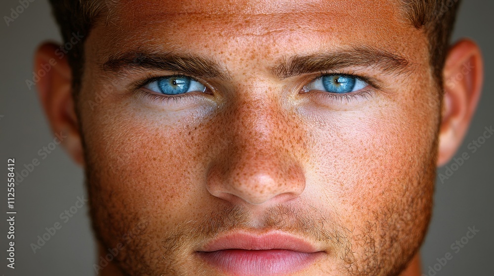 Obraz premium A man with a beard and blue eyes. The man has a blue eye shadow on his eye
