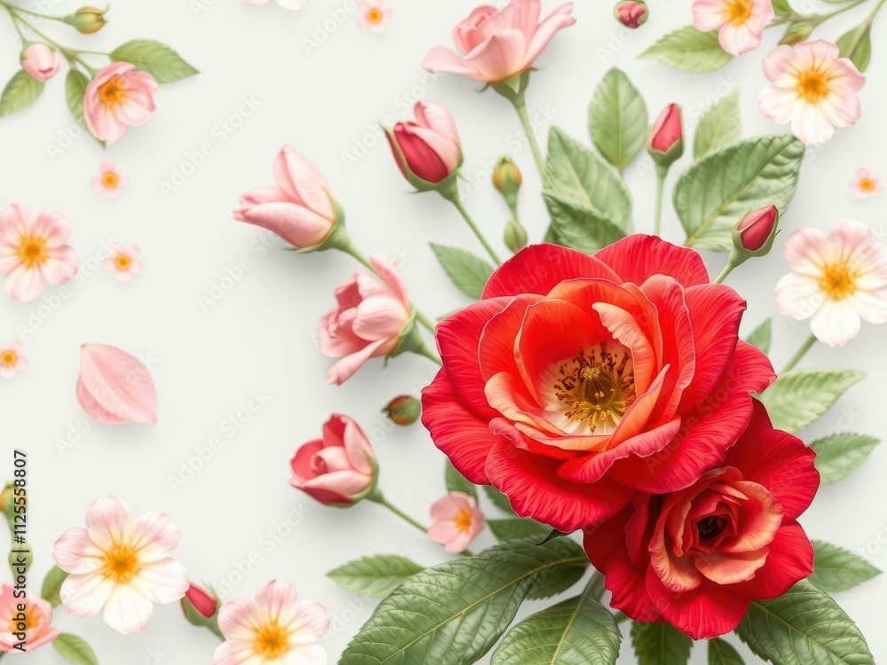 Rose flower with lush green leaves forming a circular frame, background, summer, nature Rose flower with lush green leaves forming a circular frame, background, summer, nature