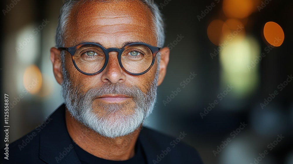 A man with glasses and a beard is wearing a black suit and looking at the camera. Concept of professionalism and confidence A man with glasses and a beard is wearing a black suit and looking at the camera. Concept of professionalism and confidence