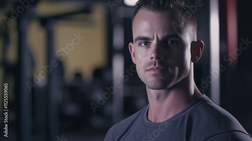 Man is standing in a gym with sweat on his face