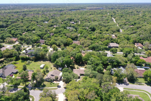 Aerial view of suburban middle class neighborhood homes nestled amongst trees, Ormond Beach, Florida, USA
