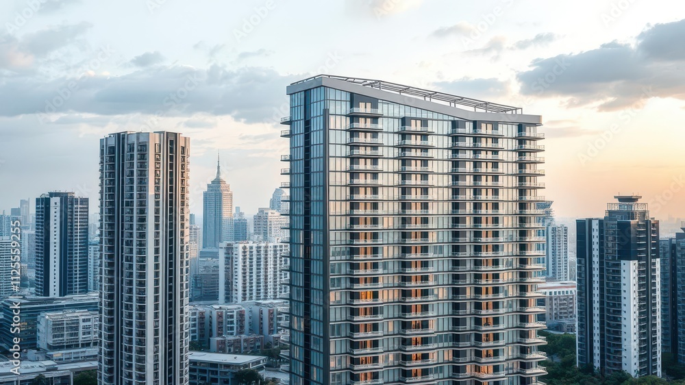 Obraz premium Sleek and futuristic high-rise apartment block with geometric modules and large windows overlooking city skyline, luxury, development, architecture