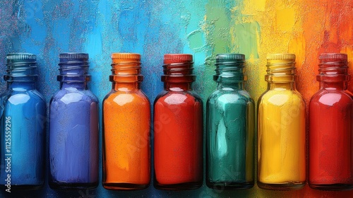 A row of colorful bottles with a rainbow background. The bottles are lined up in a row, with the colors ranging from red to green. Concept of creativity and artistic expression photo