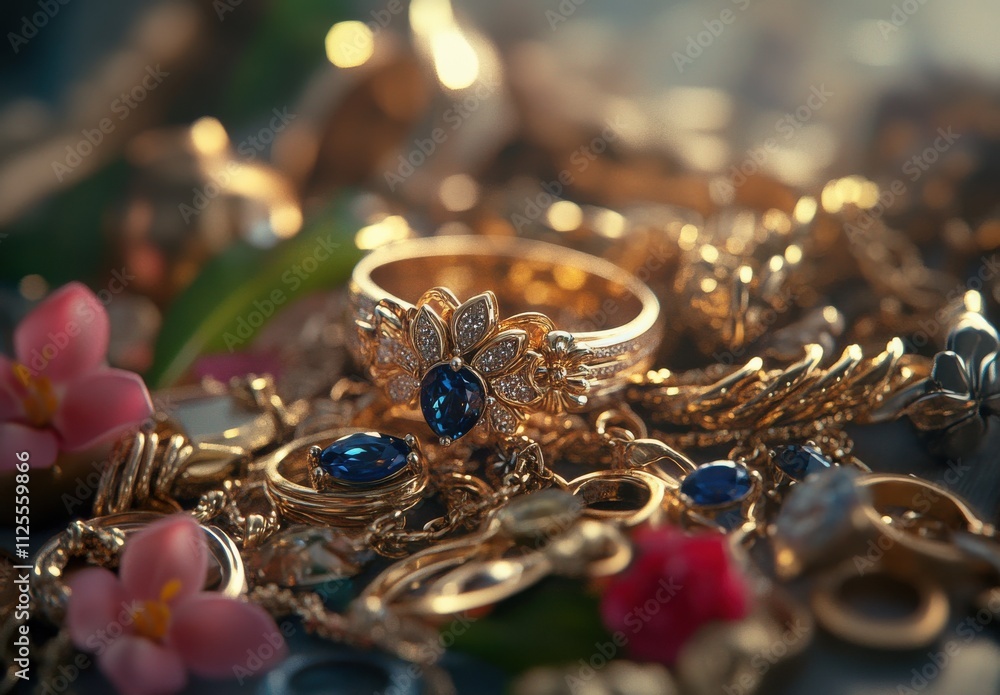Exquisite Collection of Golden Jewelry with a Striking Blue Gemstone and Vibrant Floral Accents Captured in Soft Natural Light for a Luxurious Appeal Exquisite Collection of Golden Jewelry with a Striking Blue Gemstone and Vibrant Floral Accents Captured in Soft Natural Light for a Luxurious Appeal
