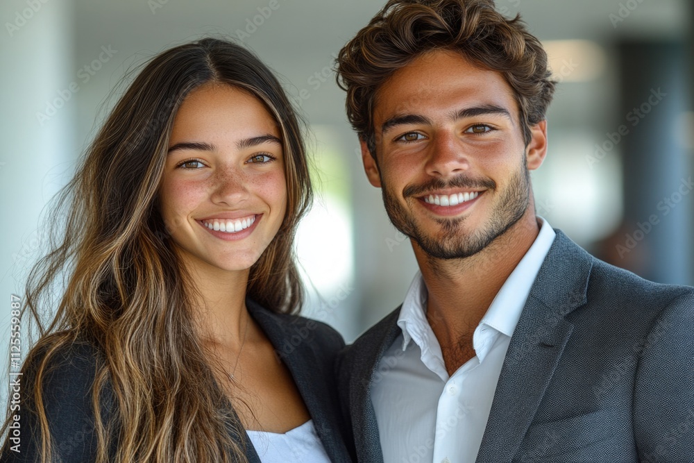 A man and a woman standing side by side A man and a woman standing side by side