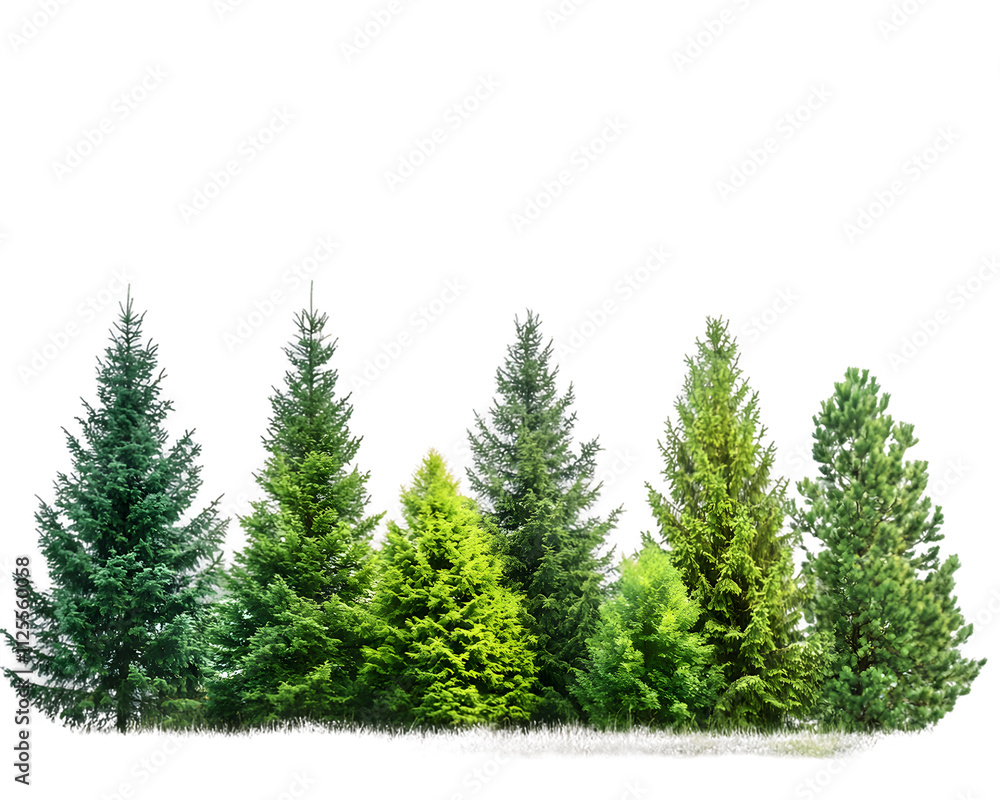Obraz premium A collection of various evergreen trees showcasing different shades of green isolated on a white background, png transparent