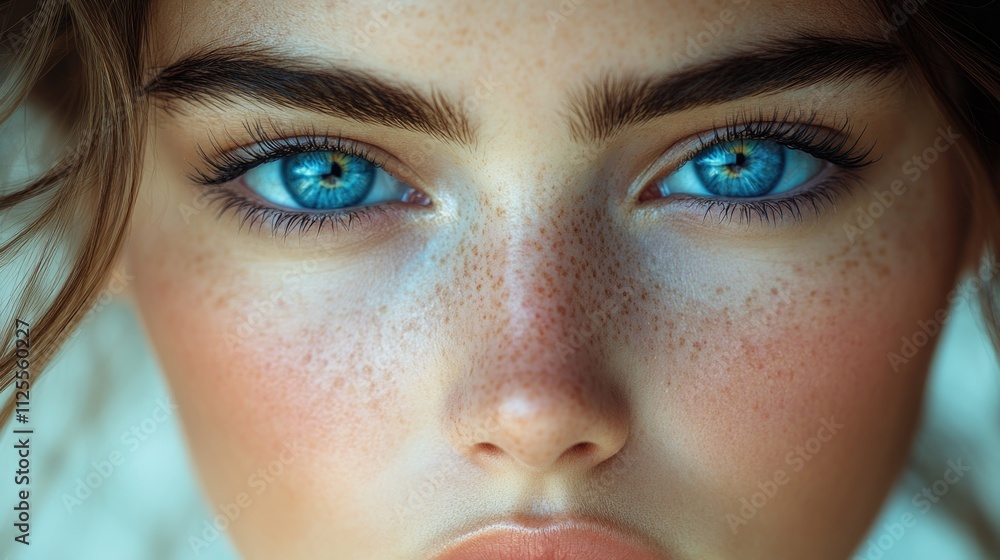 A close-up shot of a woman's face showing her freckles, suitable for portraits or beauty products A close-up shot of a woman's face showing her freckles, suitable for portraits or beauty products