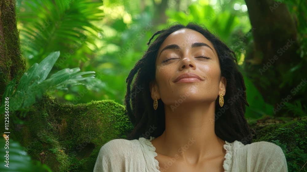 A woman is sitting in a forest, smiling and looking at the camera. She is wearing gold earrings and a white shirt. Scene is peaceful and serene, as the woman is enjoying the beauty of nature A woman is sitting in a forest, smiling and looking at the camera. She is wearing gold earrings and a white shirt. Scene is peaceful and serene, as the woman is enjoying the beauty of nature
