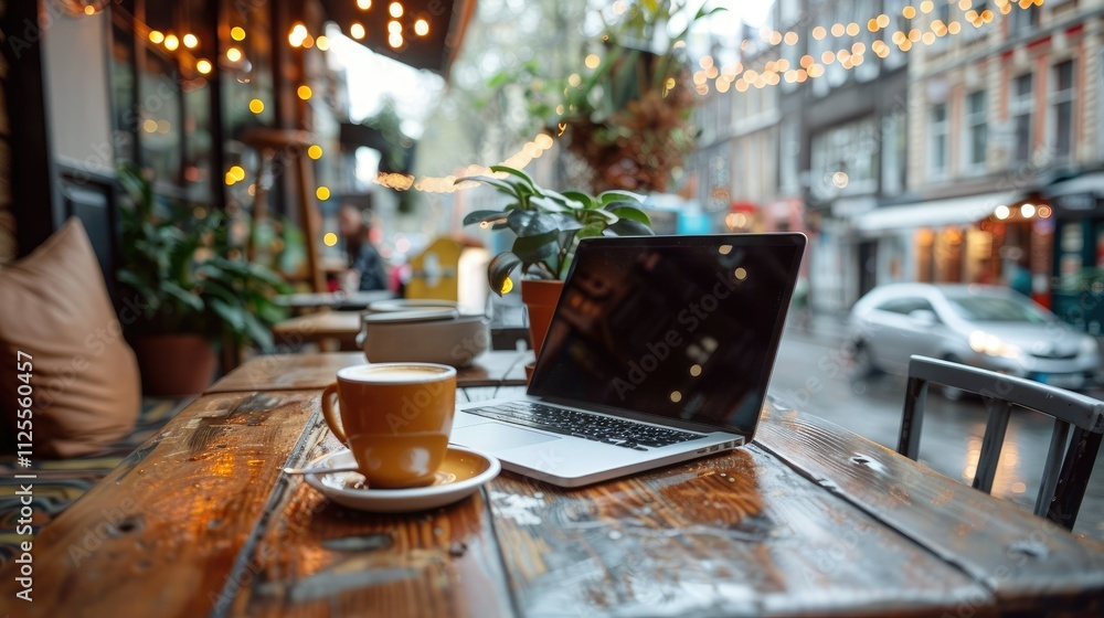 Laptop and coffee on rustic table at outdoor cafe. Laptop and coffee on rustic table at outdoor cafe.