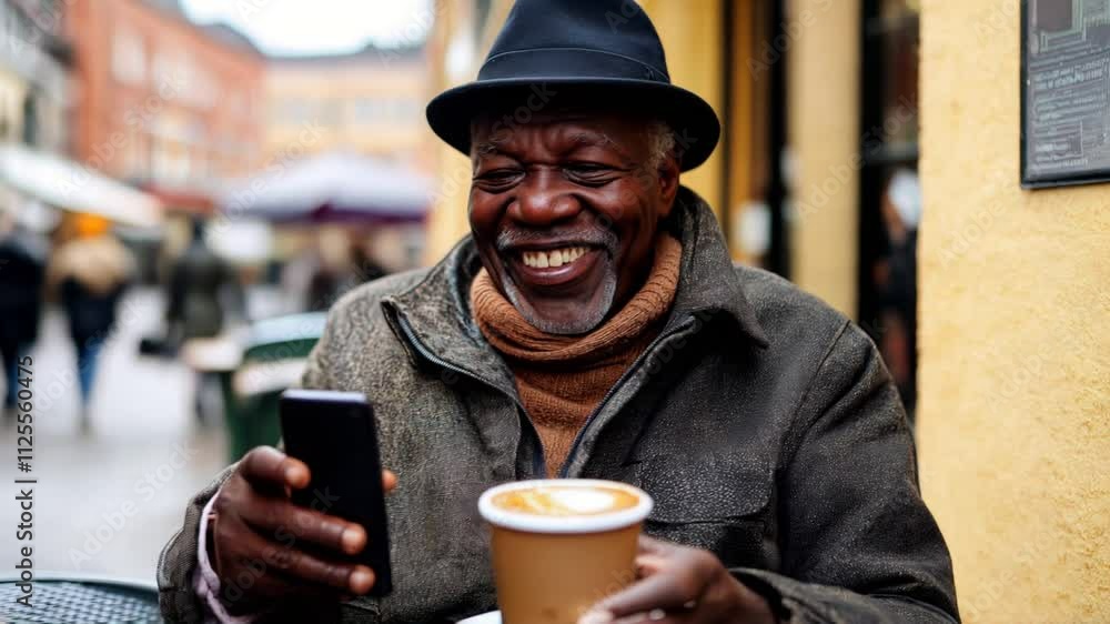 Senior man enjoys a warm beverage and reads something amusing on his phone while sitting at a table outdoors Senior man enjoys a warm beverage and reads something amusing on his phone while sitting at a table outdoors