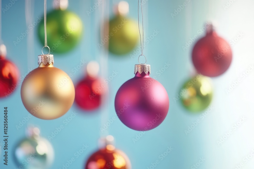 A bunch of Christmas ornaments hanging from strings A bunch of Christmas ornaments hanging from strings