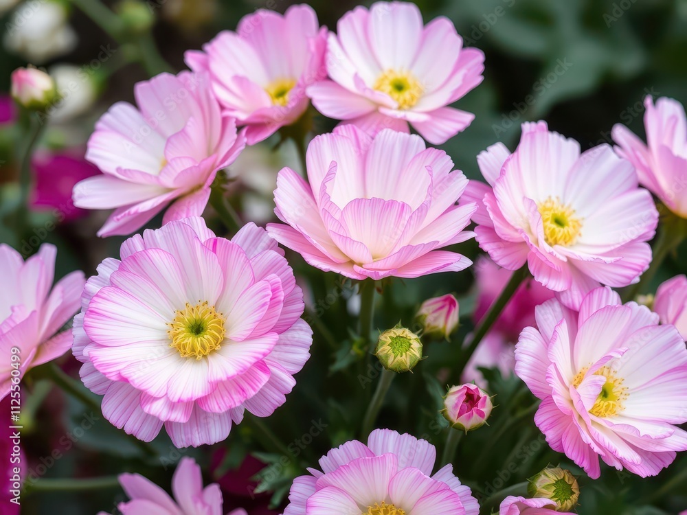 Vibrant pink and white ranunculus flowers in full bloom, beautiful, blooming, blossoms Vibrant pink and white ranunculus flowers in full bloom, beautiful, blooming, blossoms