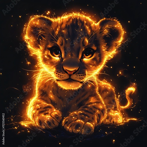 Artistic lion cub neon glowing bright eyes stunning design photo