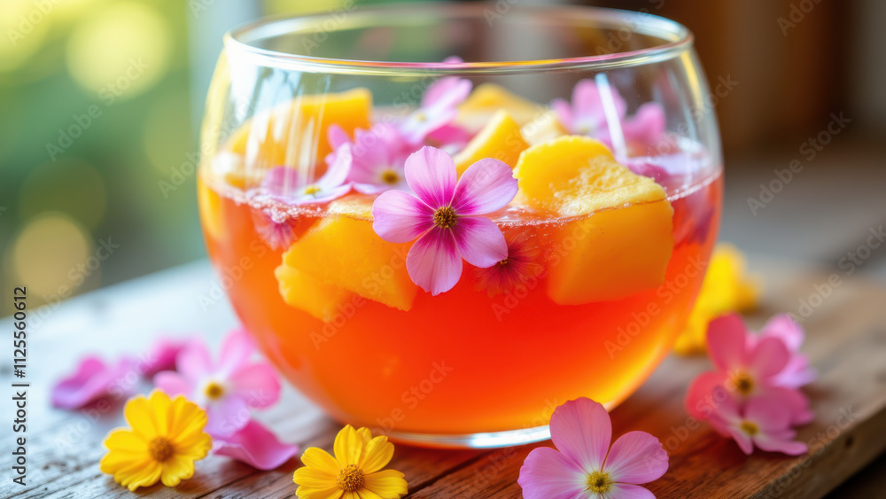 A glass filled with hwachae beverage, garnished with flower petals on a wooden surface. A glass filled with hwachae beverage, garnished with flower petals on a wooden surface.