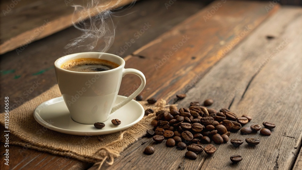 Cup Of Espresso Coffee With Coffee Beans On Traditional Old Table Cup Of Espresso Coffee With Coffee Beans On Traditional Old Table