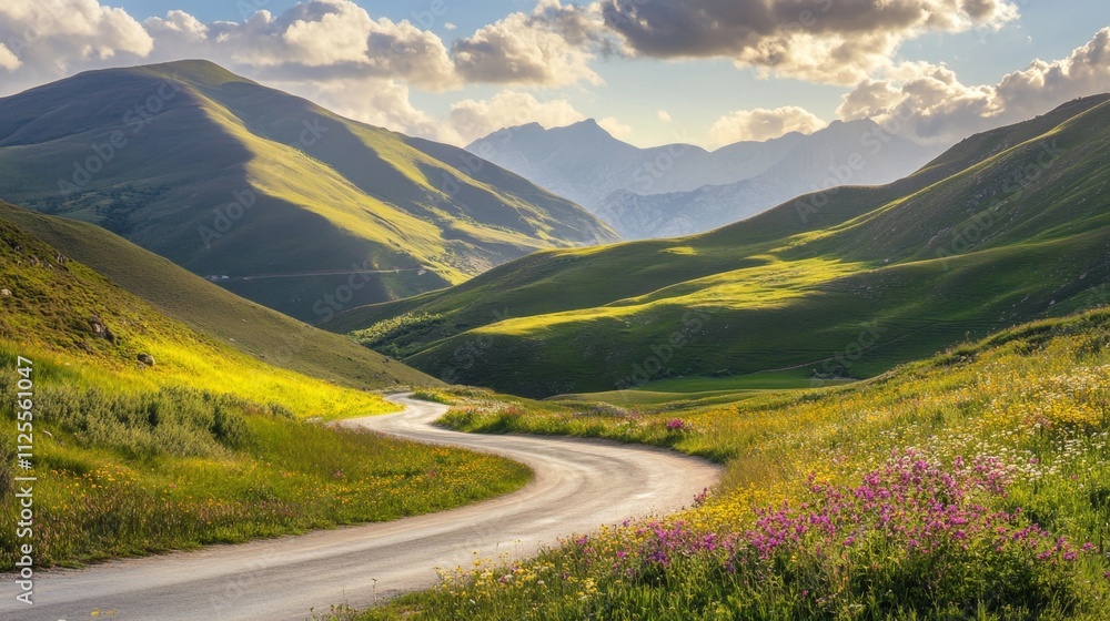Naklejka premium Serene Mountain Road Winding Through a Vibrant Meadow
