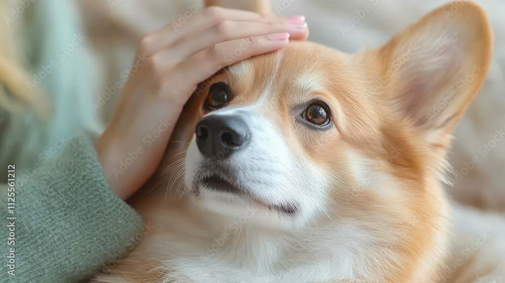 Cute corgi being lovingly petted at home Cute corgi being lovingly petted at home