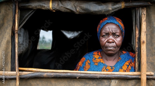 A woman with a black and orange scarf on her head is looking out of a window. She is sad or upset photo