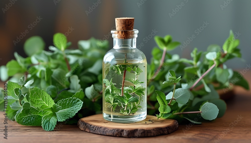 Infusing fresh mint leaves in glass bottle rustic kitchen herbal preparation natural setting close-up view aromatic concept for wellness and cooking Infusing fresh mint leaves in glass bottle rustic kitchen herbal preparation natural setting close-up view aromatic concept for wellness and cooking