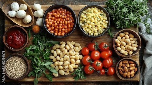 Fresh ingredients and dishes on a wooden cutting board