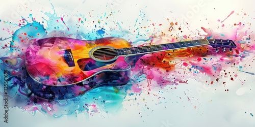 A painted acoustic guitar with vibrant splatters, perfect for music or art related uses photo