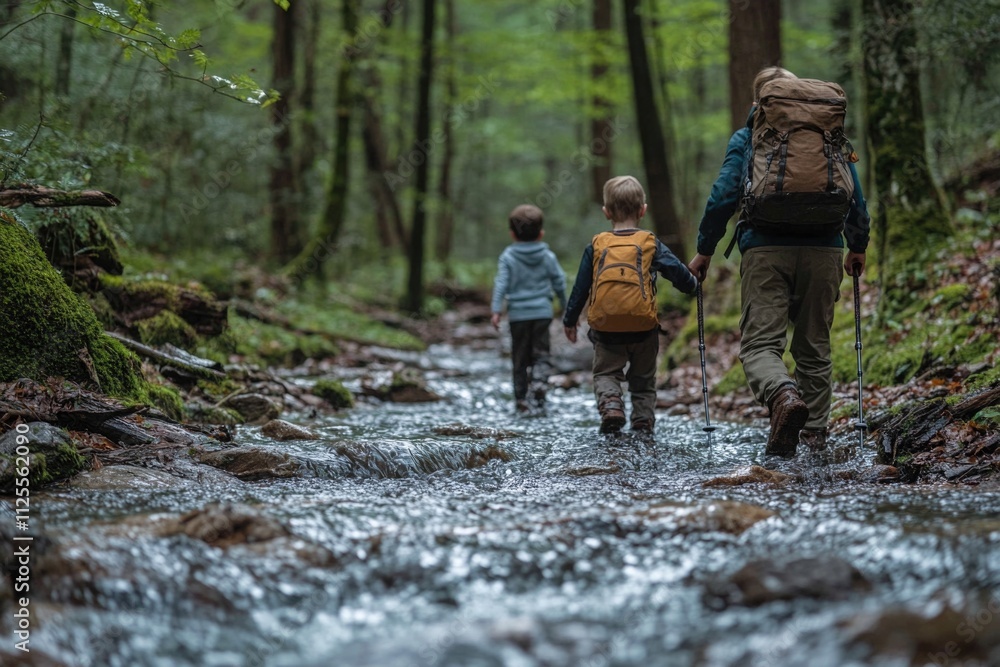 A father and his two young children wading through a calm stream on a sunny day A father and his two young children wading through a calm stream on a sunny day