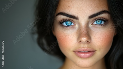 A woman with blue eyes and a light pink lip color. She has a light brown hair. The woman is smiling and looking at the camera