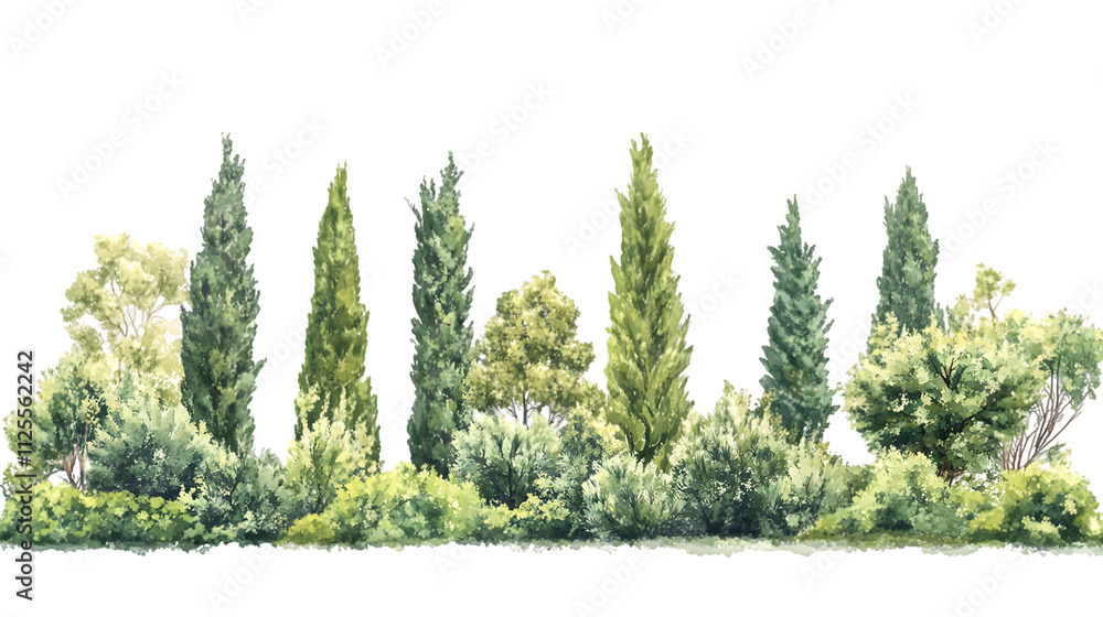 Fototapeta premium A watercolor illustration of various trees and greenery, depicting a natural landscape isolated on a white background, png transparent