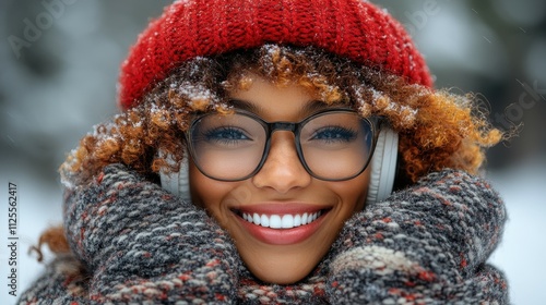 A woman with curly hair and glasses is smiling and wearing a red hat. She is wearing headphones and she is enjoying herself