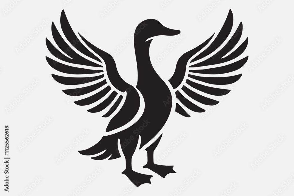 A duck standing upright with its wings spread open. A duck standing upright with its wings spread open.