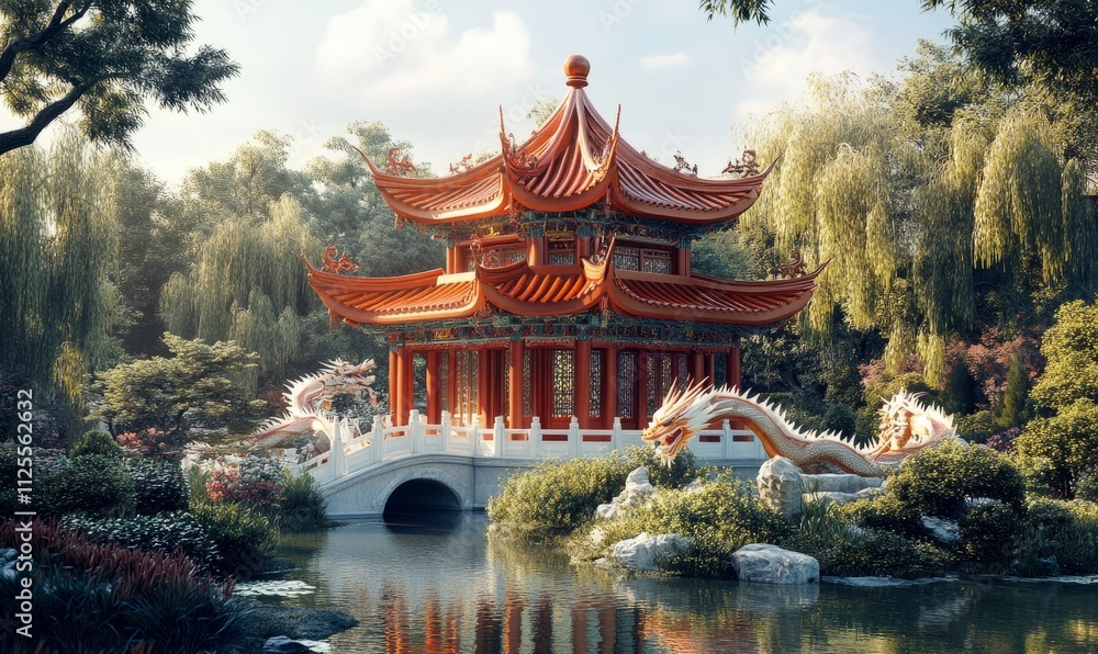 Fototapeta premium ancient Chinese pagoda with red tiled roofs and ornate dragon statues surrounded by a tranquil garden