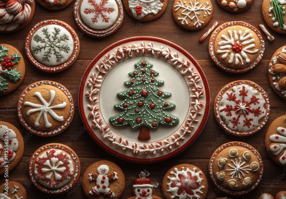 Fototapeta premium Festive Collection of Elaborately Decorated Christmas Cookies on a Wooden Table Featuring a Christmas Tree Centerpiece Surrounded by Variety of Holiday Treats