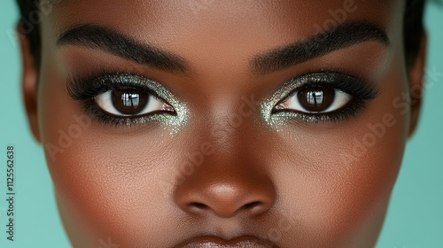 A woman with dark hair and brown eyes is wearing eye makeup. The makeup is green and is applied to her eyes and nose