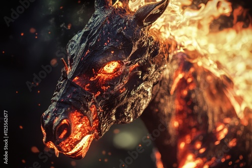 Close-up shot of a horse's head with flames emerging from its mouth photo