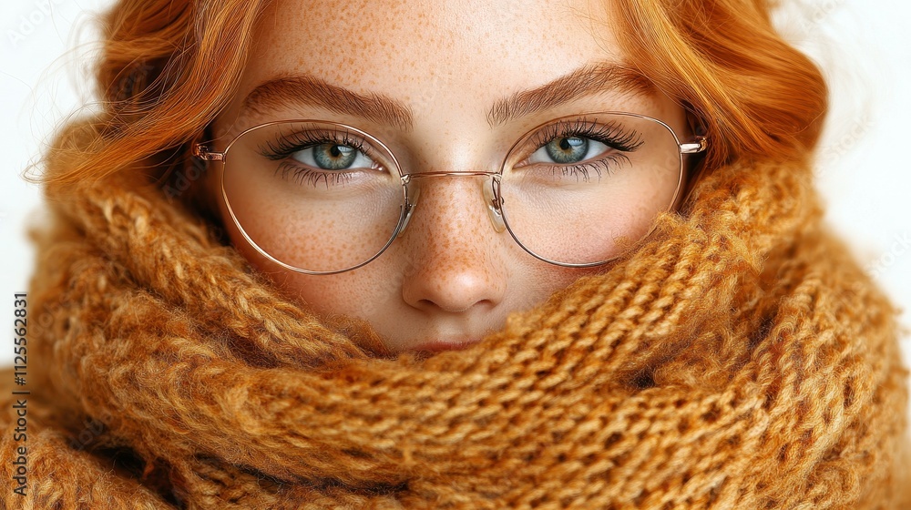 A woman with glasses and red hair is wearing a scarf. The scarf is brown and the woman's hair is red A woman with glasses and red hair is wearing a scarf. The scarf is brown and the woman's hair is red