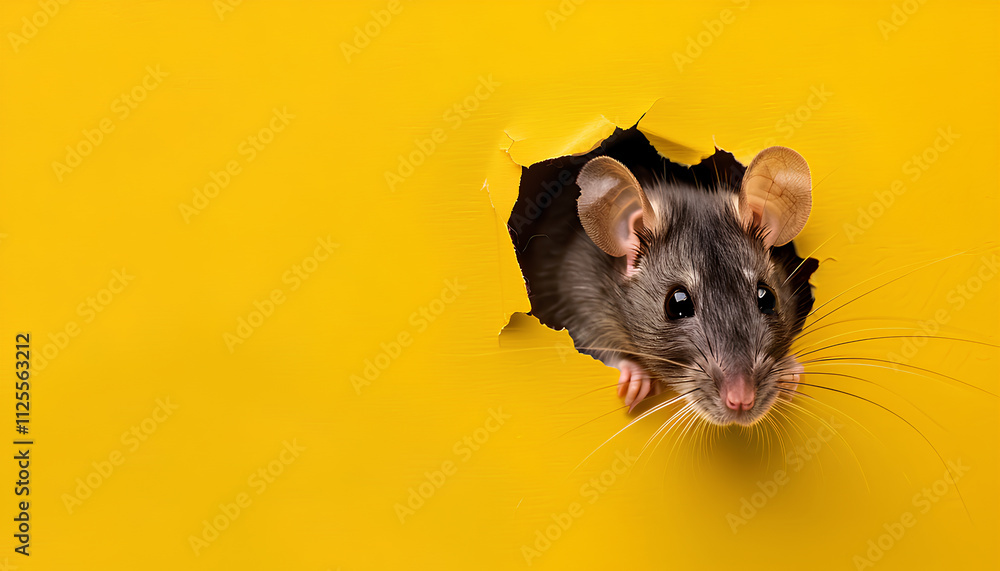 Cute rat looking through hole in yellow paper sheet, space for text Cute rat looking through hole in yellow paper sheet, space for text