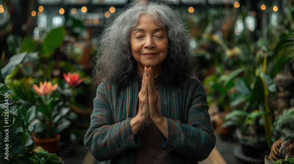 A woman with long hair is kneeling down and praying in a greenhouse. The greenhouse is filled with various plants, including some potted plants and a few large plants. The woman is in a peaceful A woman with long hair is kneeling down and praying in a greenhouse. The greenhouse is filled with various plants, including some potted plants and a few large plants. The woman is in a peaceful