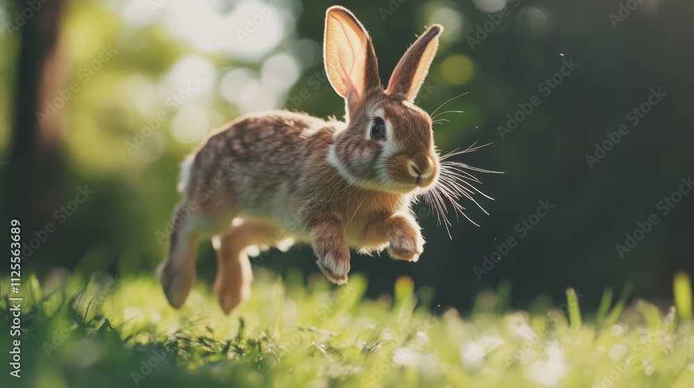 Fototapeta premium Adorable brown bunny rabbit leaping through vibrant green grass in sunlight.