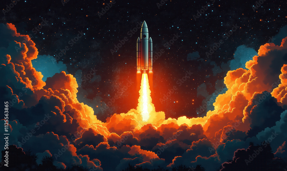 Fototapeta premium A rocket launches into the vibrant sunset sky, surrounded by billowing clouds and a backdrop of distant stars and glowing lights.