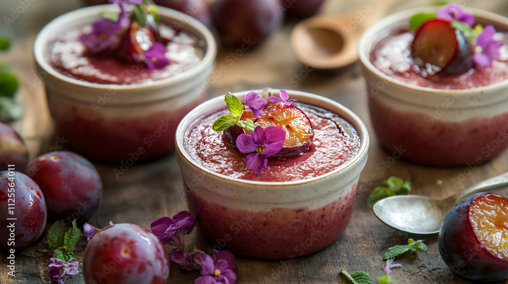 Spiced plum custard pots with vanilla. Spiced plum custard pots with vanilla.