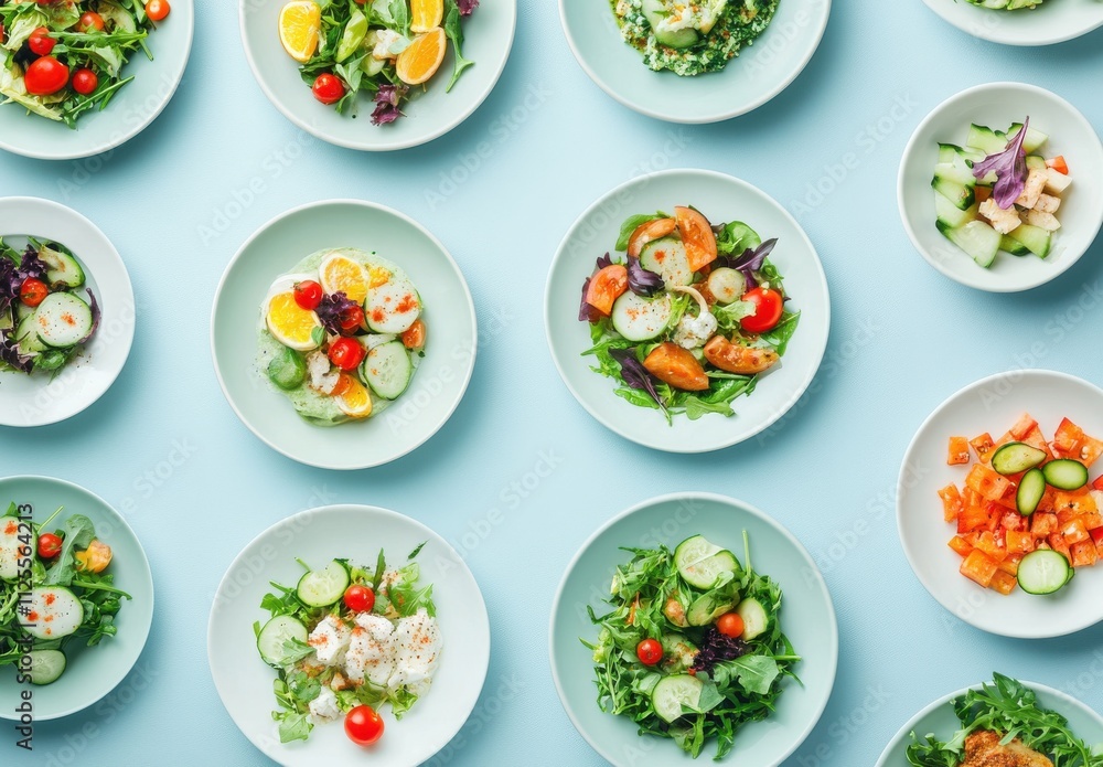 Fresh and Colorful Salad Variety Displayed on Light Blue Background Featuring Ingredients Like Greens, Vegetables, Fruits, and Proteins in Stylish Plates Fresh and Colorful Salad Variety Displayed on Light Blue Background Featuring Ingredients Like Greens, Vegetables, Fruits, and Proteins in Stylish Plates